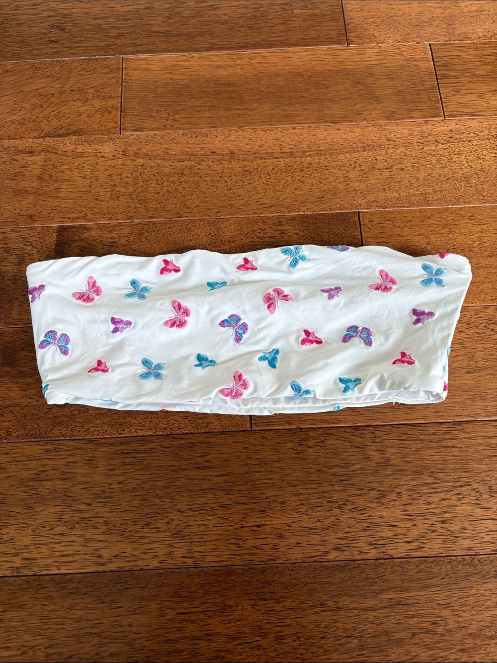 l*space White Tube Top with Pink, Blue & Purple Butterfly Print